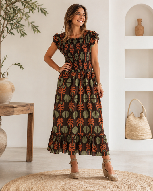 VESTIDO FLORAL NIDO DE ABEJA- MARRÓN NAR