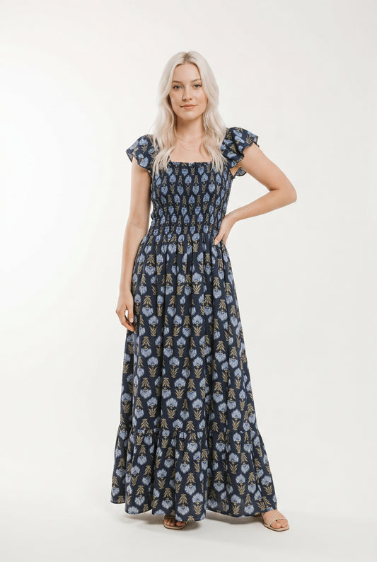 VESTIDO FLORAL NIDO DE ABEJA- AZUL