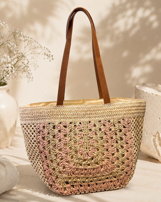 BOLSO DE RAFIA BICOLOR CON DETALLE DE CROCHET