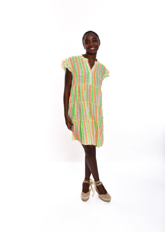 VESTIDO FRANJAS VOLANTE- LIMA/NARANJA