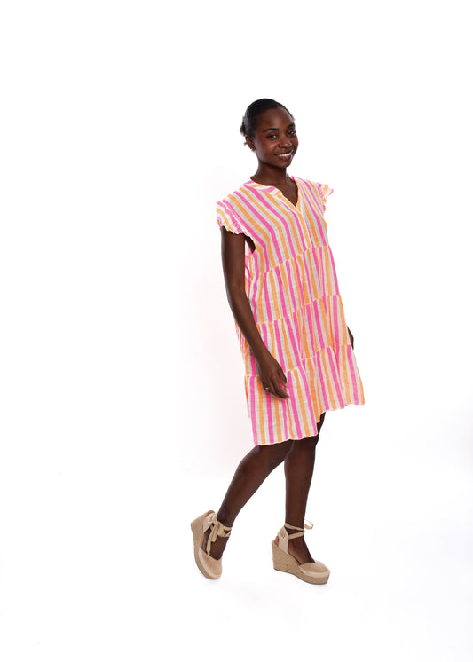 VESTIDO FRANJAS VOLANTE- FUCSIA/NARANJA