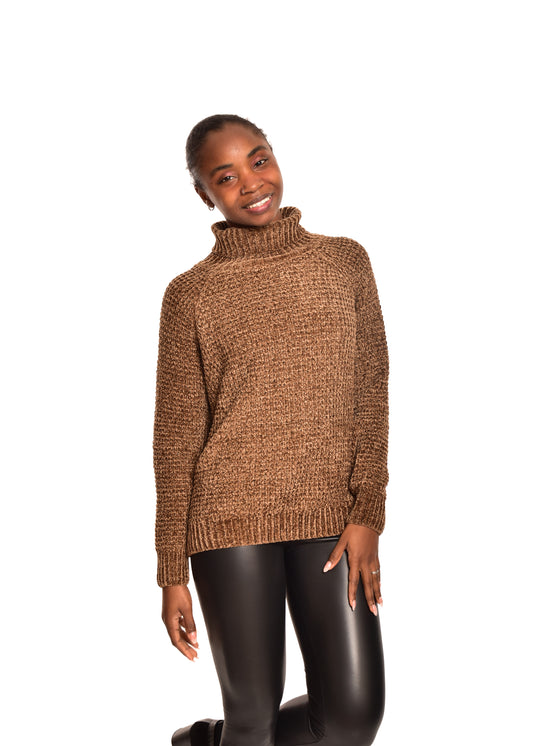 JERSEY CHENILLA CUELLO VUELTO-MARRÓN