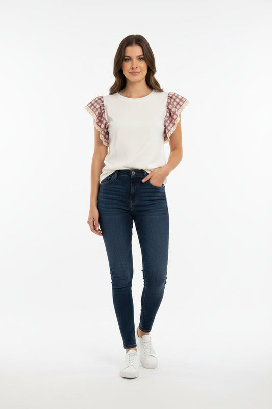 CAMISETA VOLANTE-CUADROS MARRÓN
