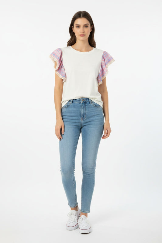 CAMISETA VOLANTE-CUADROS ROSA