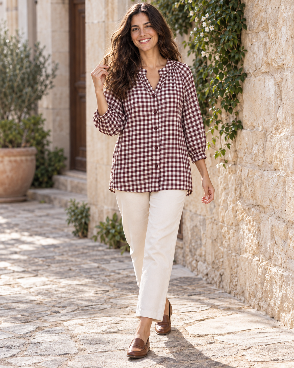 BLUSA CUADRO VICHY-GRANATE