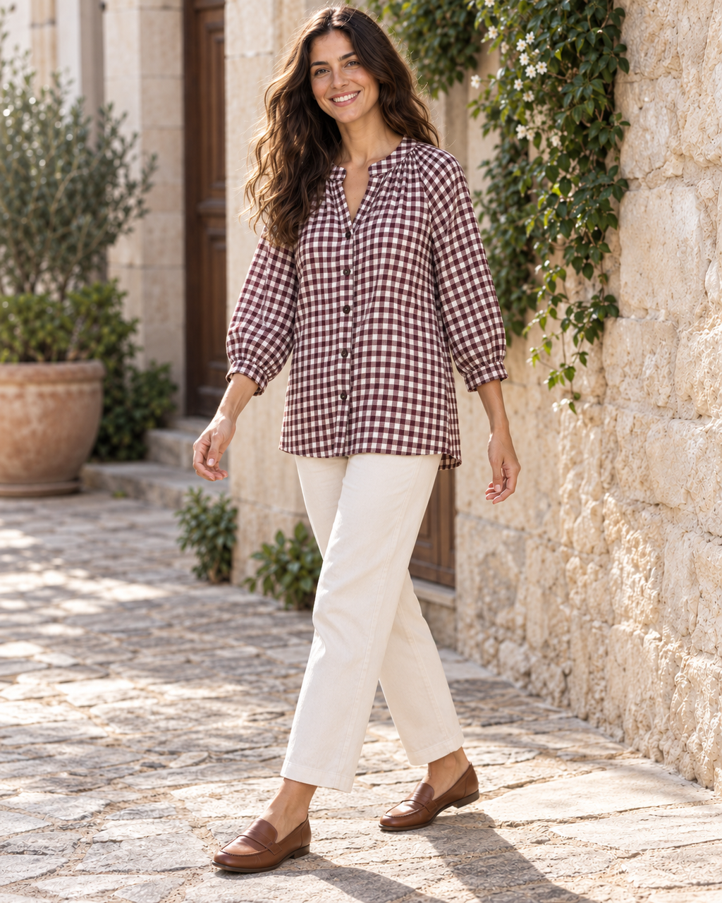 BLUSA CUADRO VICHY-GRANATE