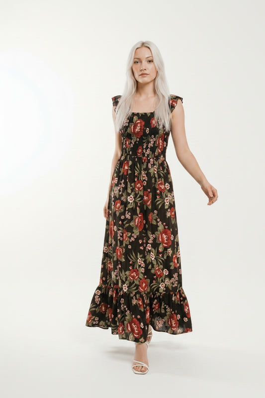 VESTIDO FLORAL NIDO DE ABEJA- NEGRO