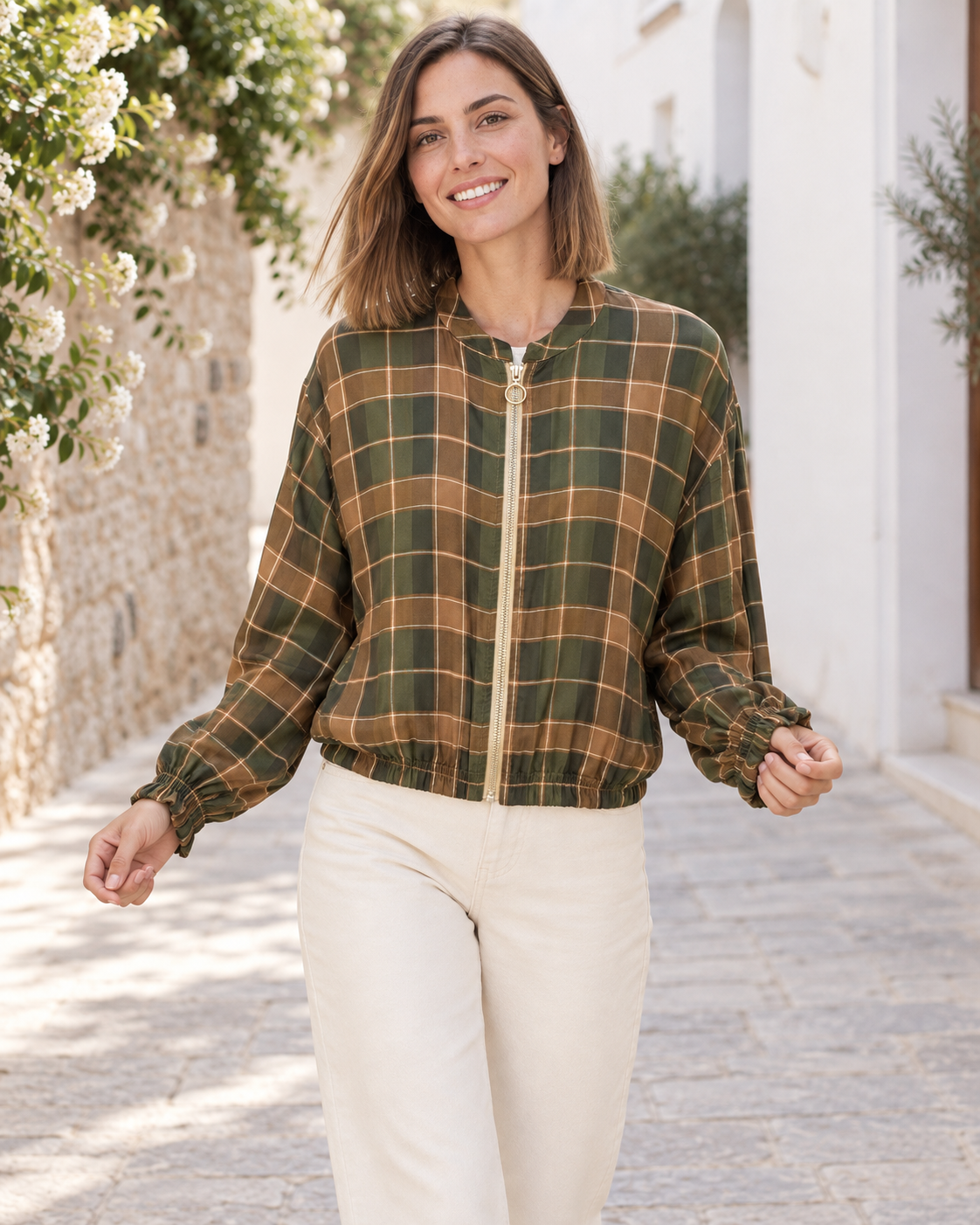 BOMBER CUADROS-KHAKI