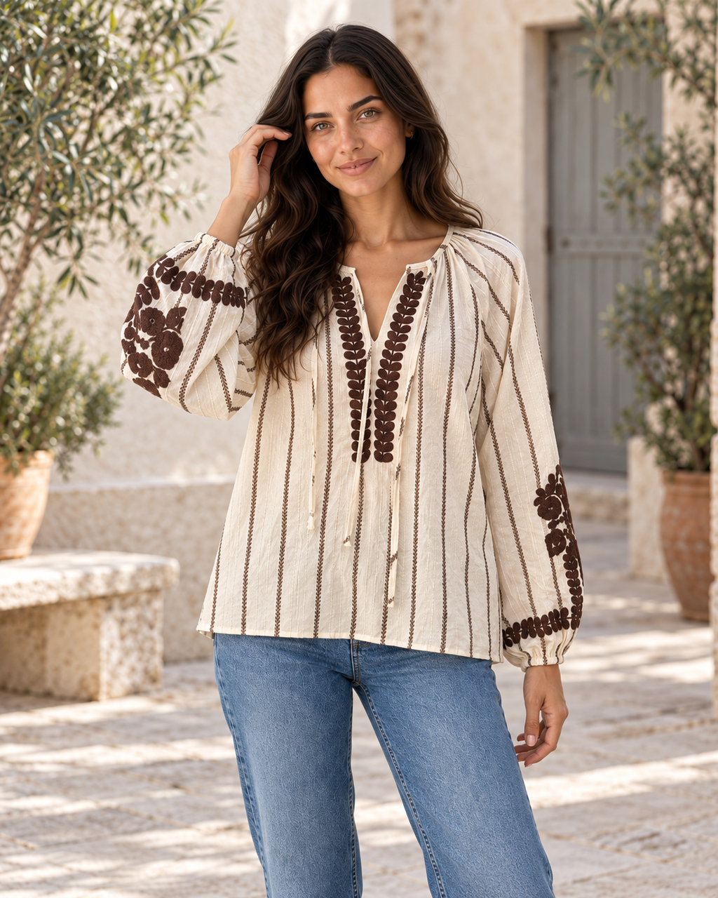 BLUSA BEIGE Y MARRÓN