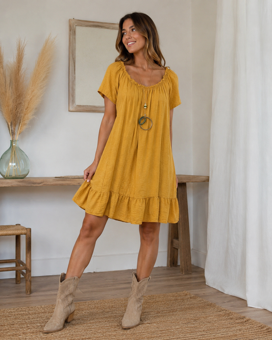 VESTIDO + COLGANTE- MOSTAZA