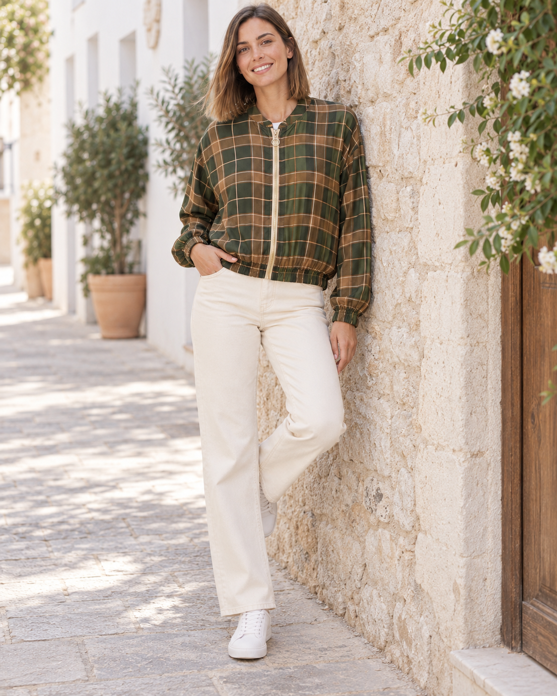 BOMBER CUADROS-KHAKI