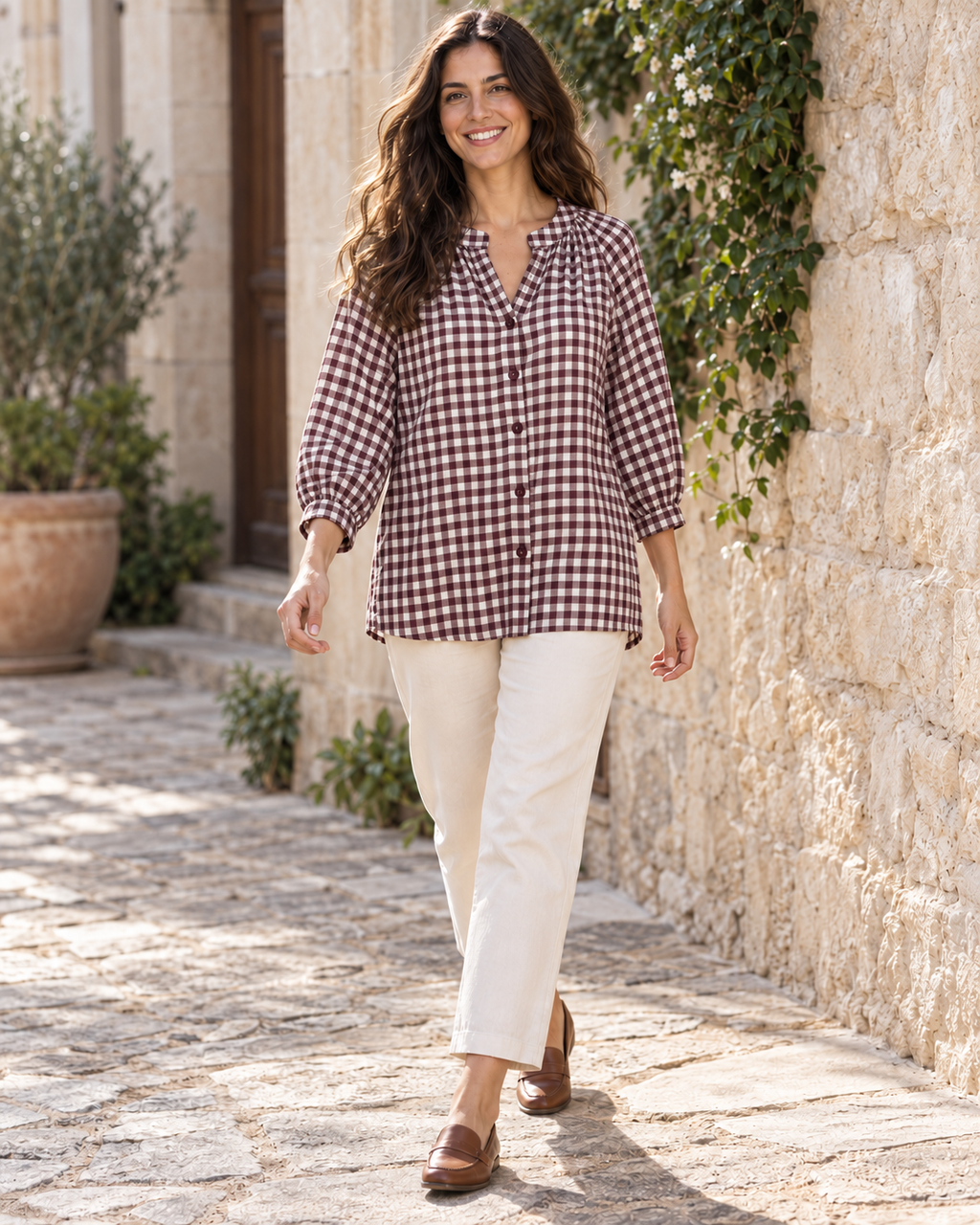 BLUSA CUADRO VICHY-GRANATE