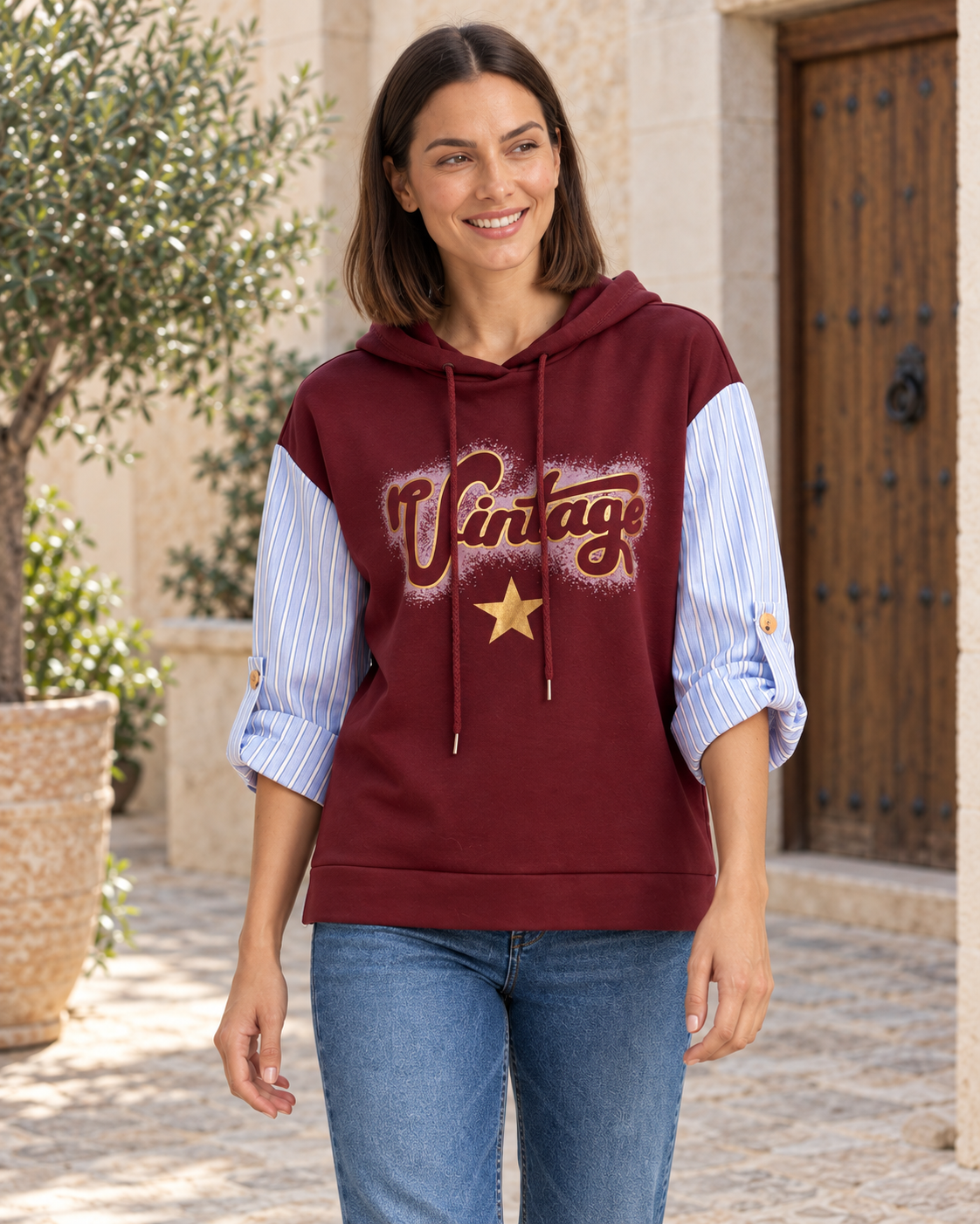 SUDADERA RAYAS VINTAGE- GRANATE