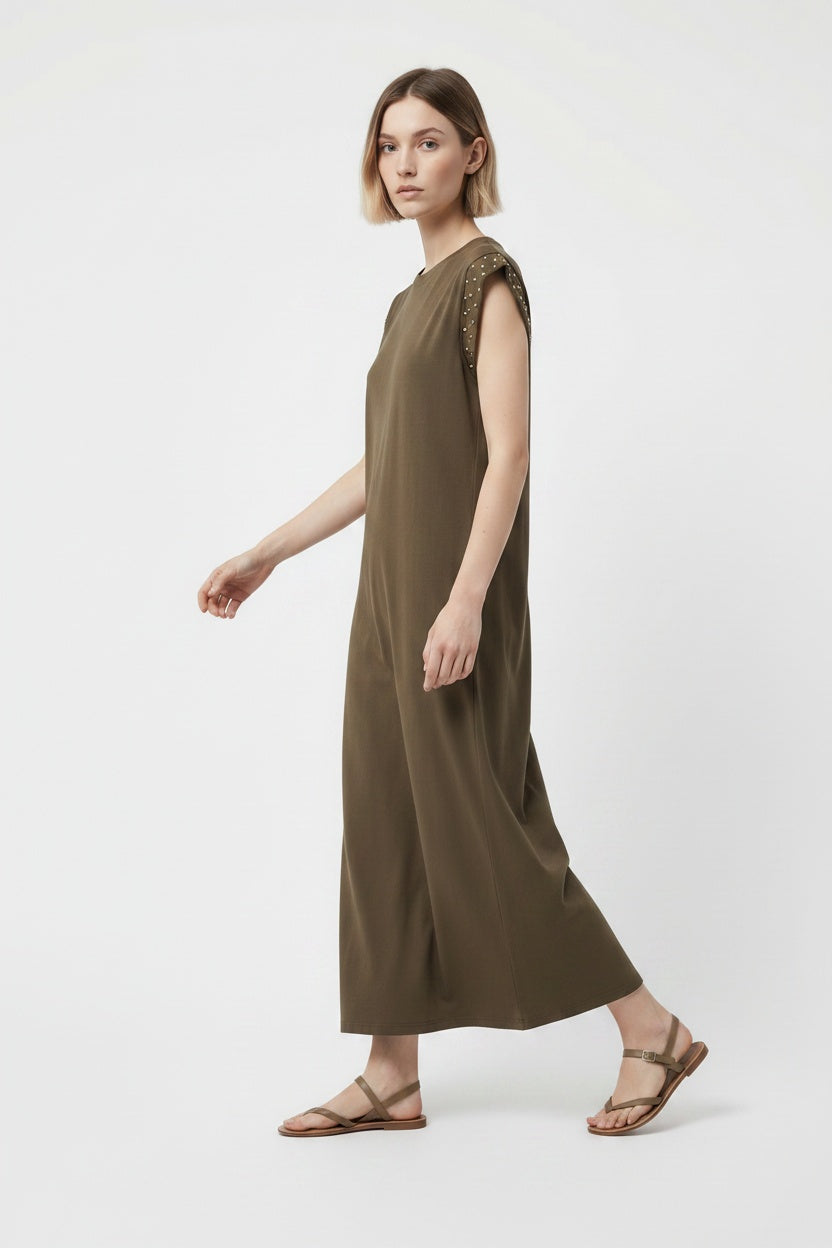 VESTIDO DE ALGODÓN TACHUELAS MARRÓN