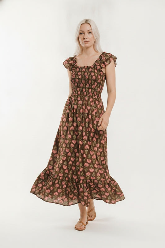 VESTIDO FLORAL NIDO DE ABEJA- MARRÓN