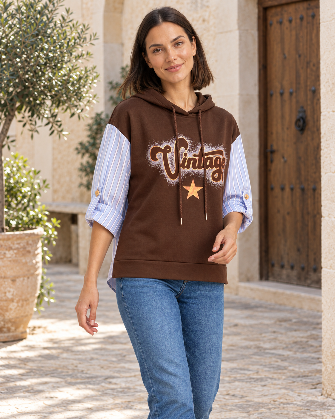 SUDADERA RAYAS VINTAGE- MARRÓN