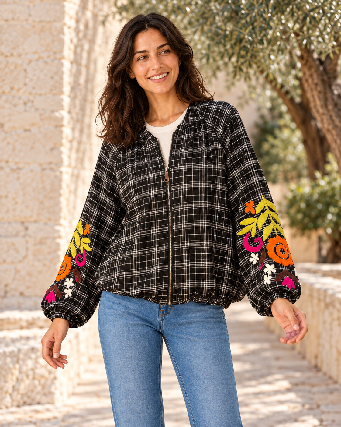 CHAQUETA FLOWERS CUADROS BG-NEGRO