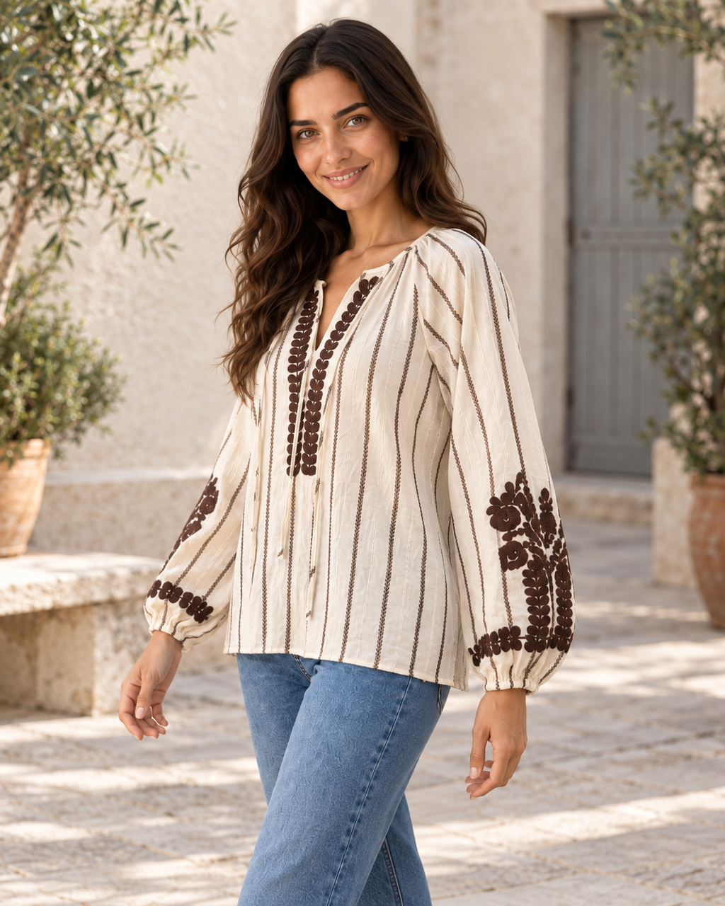 BLUSA BEIGE Y MARRÓN