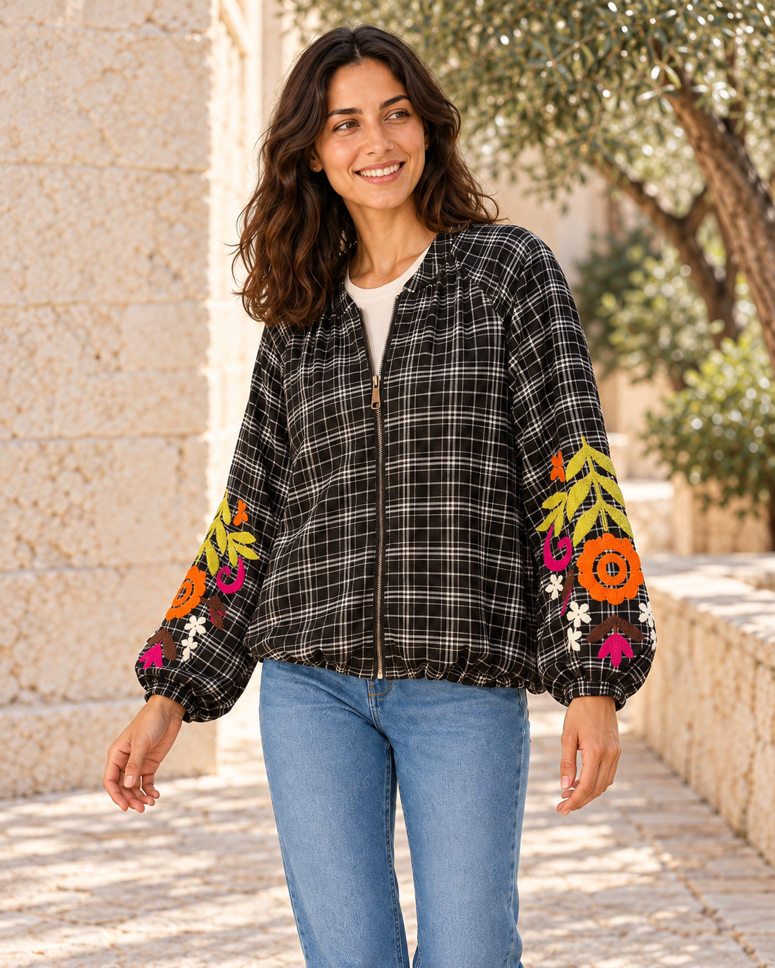 CHAQUETA FLOWERS CUADROS BG-NEGRO
