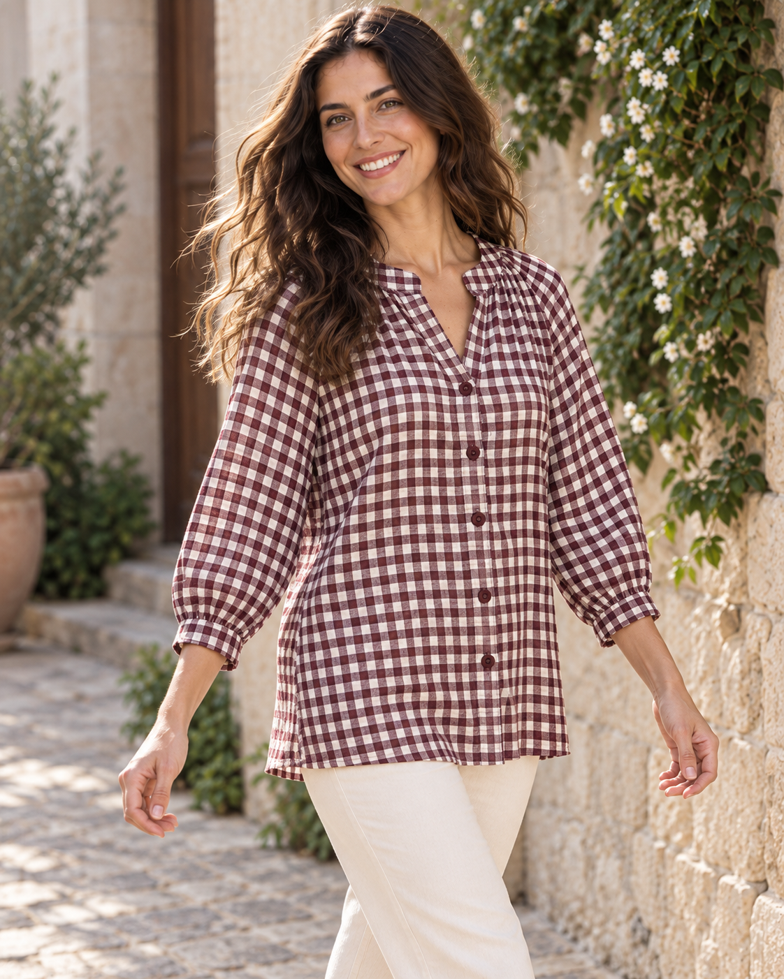 BLUSA CUADRO VICHY-GRANATE