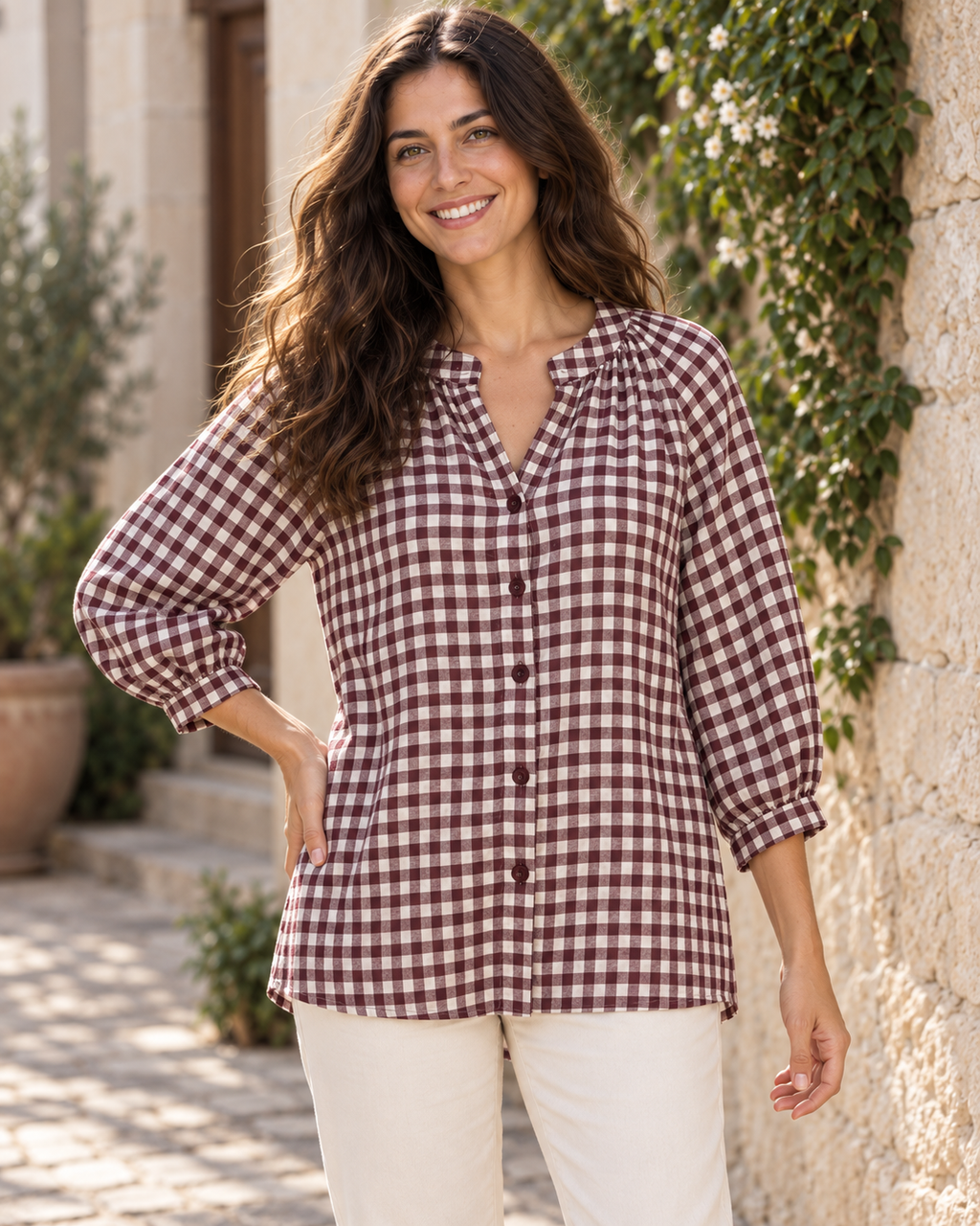BLUSA CUADRO VICHY-GRANATE