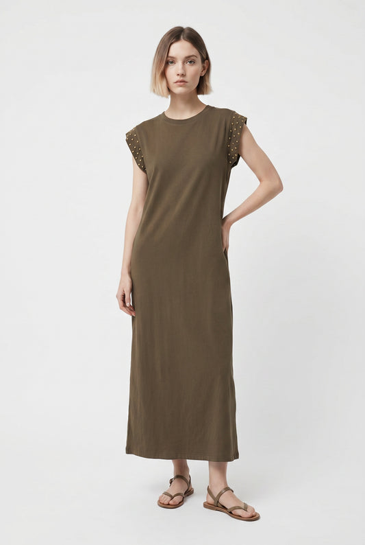 VESTIDO DE ALGODÓN TACHUELAS MARRÓN