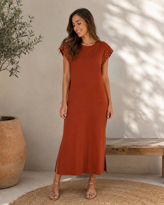 VESTIDO DE ALGODÓN TACHUELAS TEJA