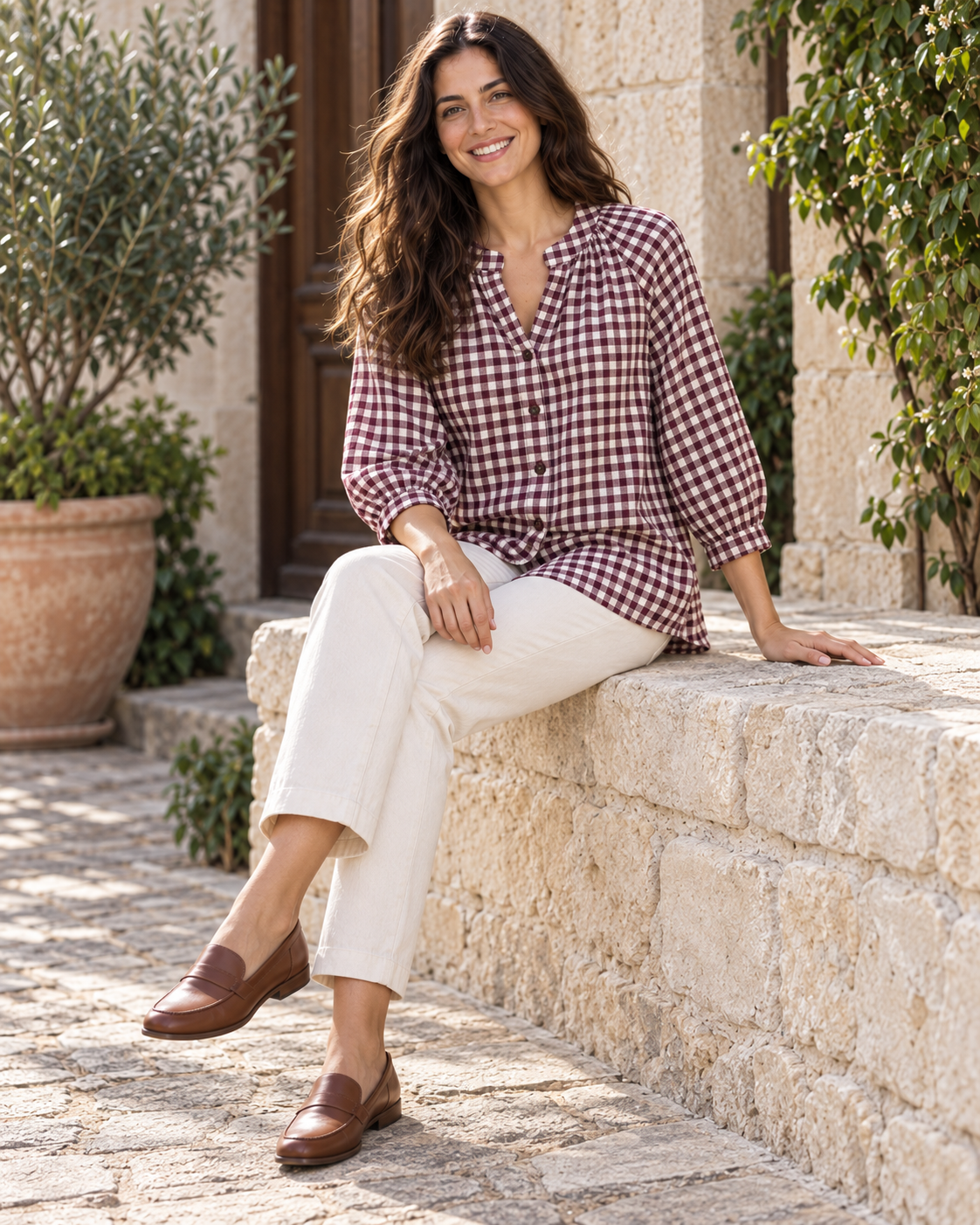 BLUSA CUADRO VICHY-GRANATE