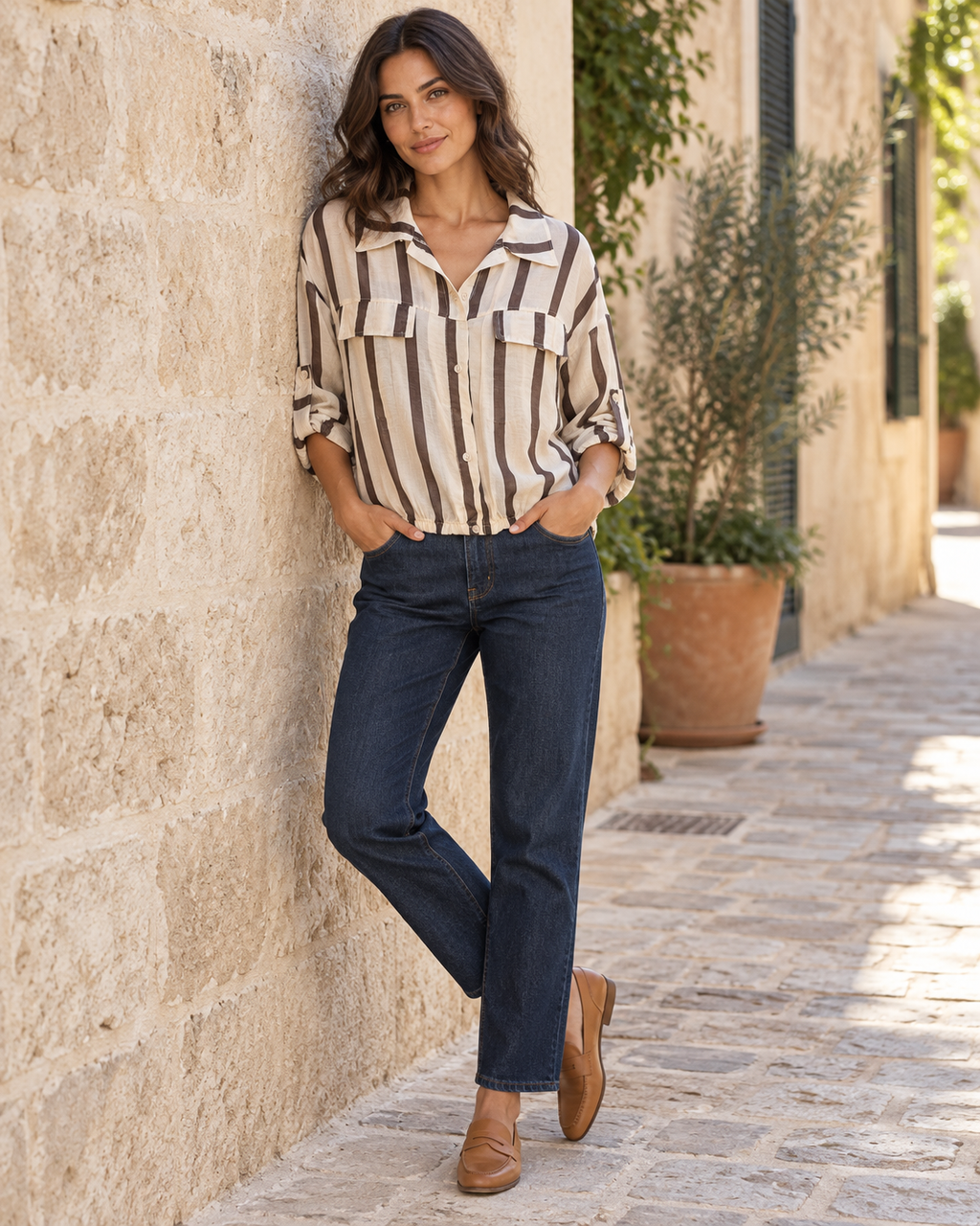 BLUSA RAYAS TRANS- BEIGE Y MARRÓN