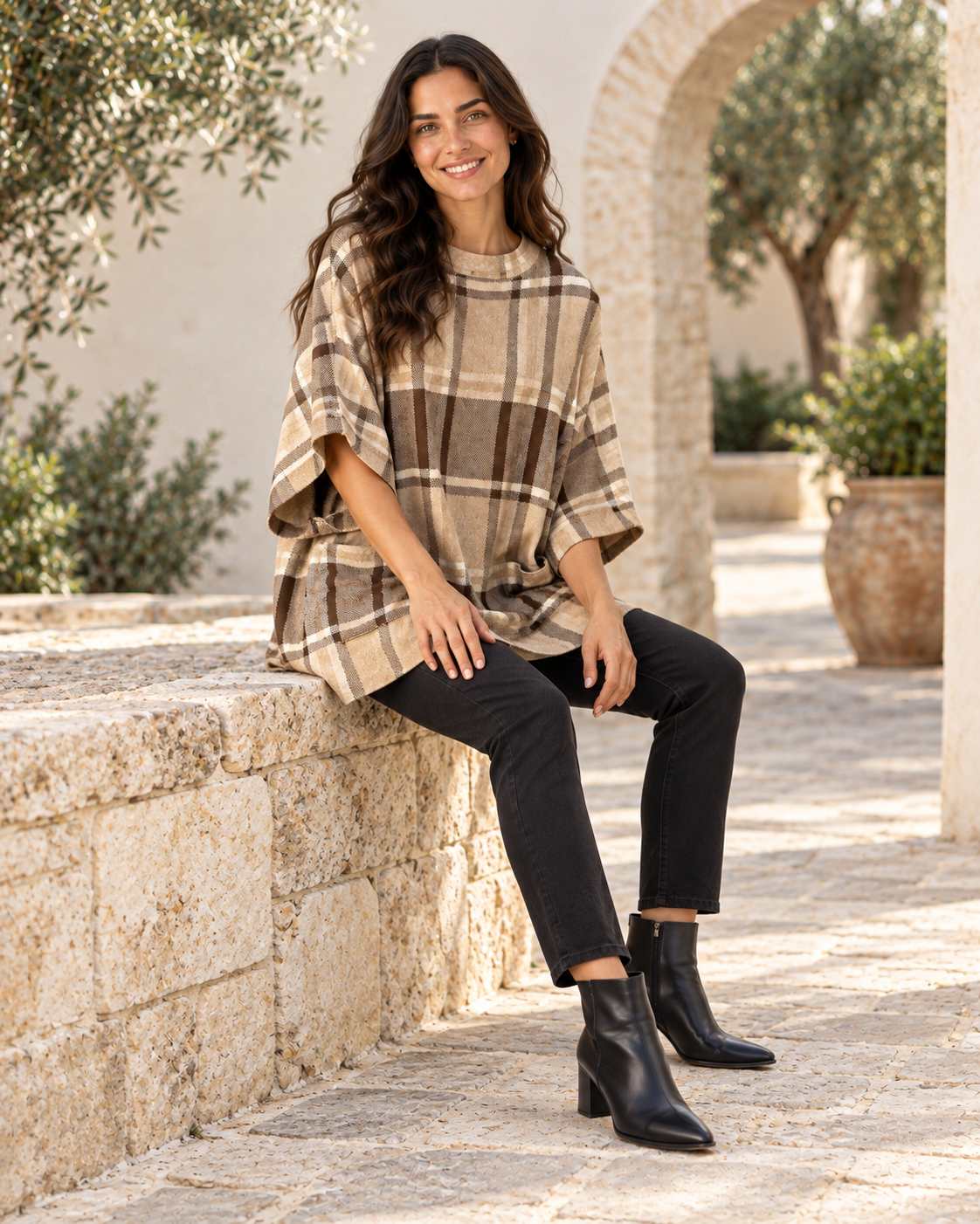 PONCHO CUADROS-BEIGE