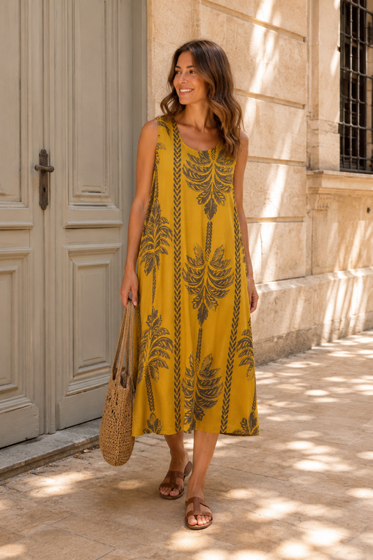 VESTIDO PALMS- MOSTAZA