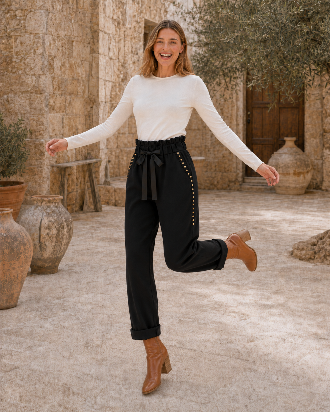 PANTALÓN ALGODÓN TACHUELAS-NEGRO