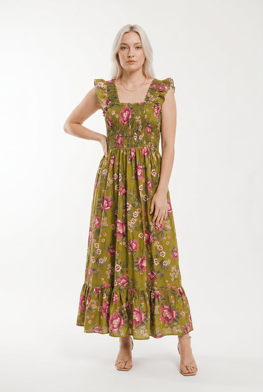 VESTIDO FLORAL NIDO DE ABEJA- VERDE