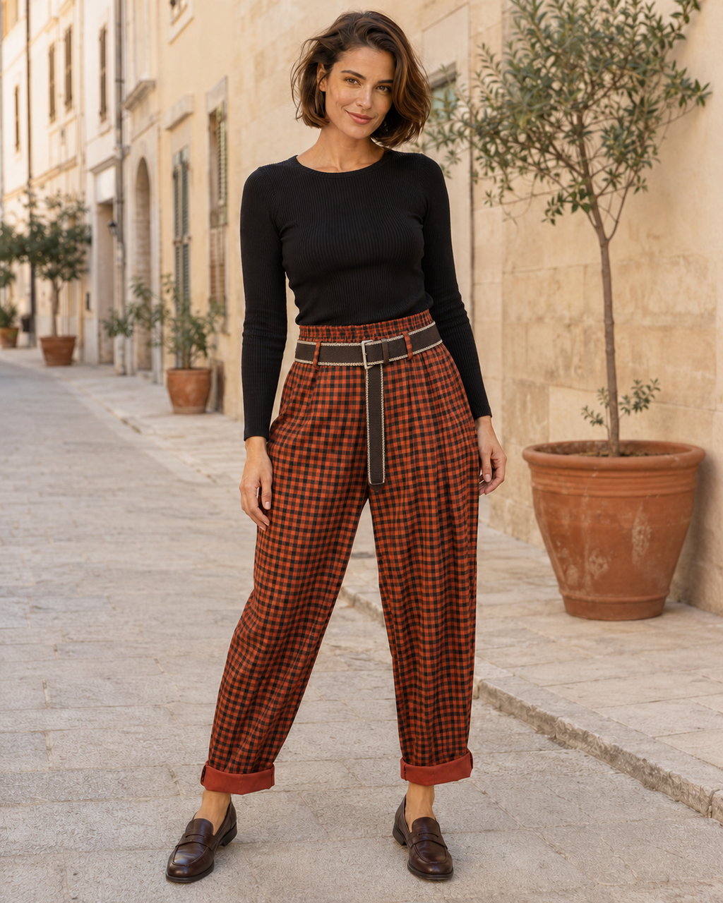 PANTALÓN CUADROS- TEJA