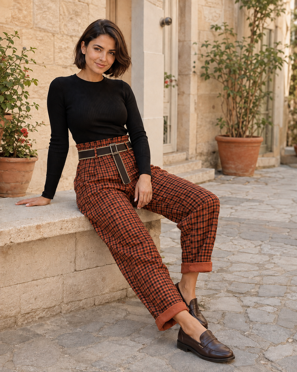 PANTALÓN CUADROS- TEJA
