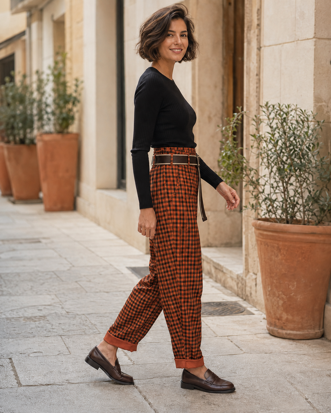 PANTALÓN CUADROS- TEJA