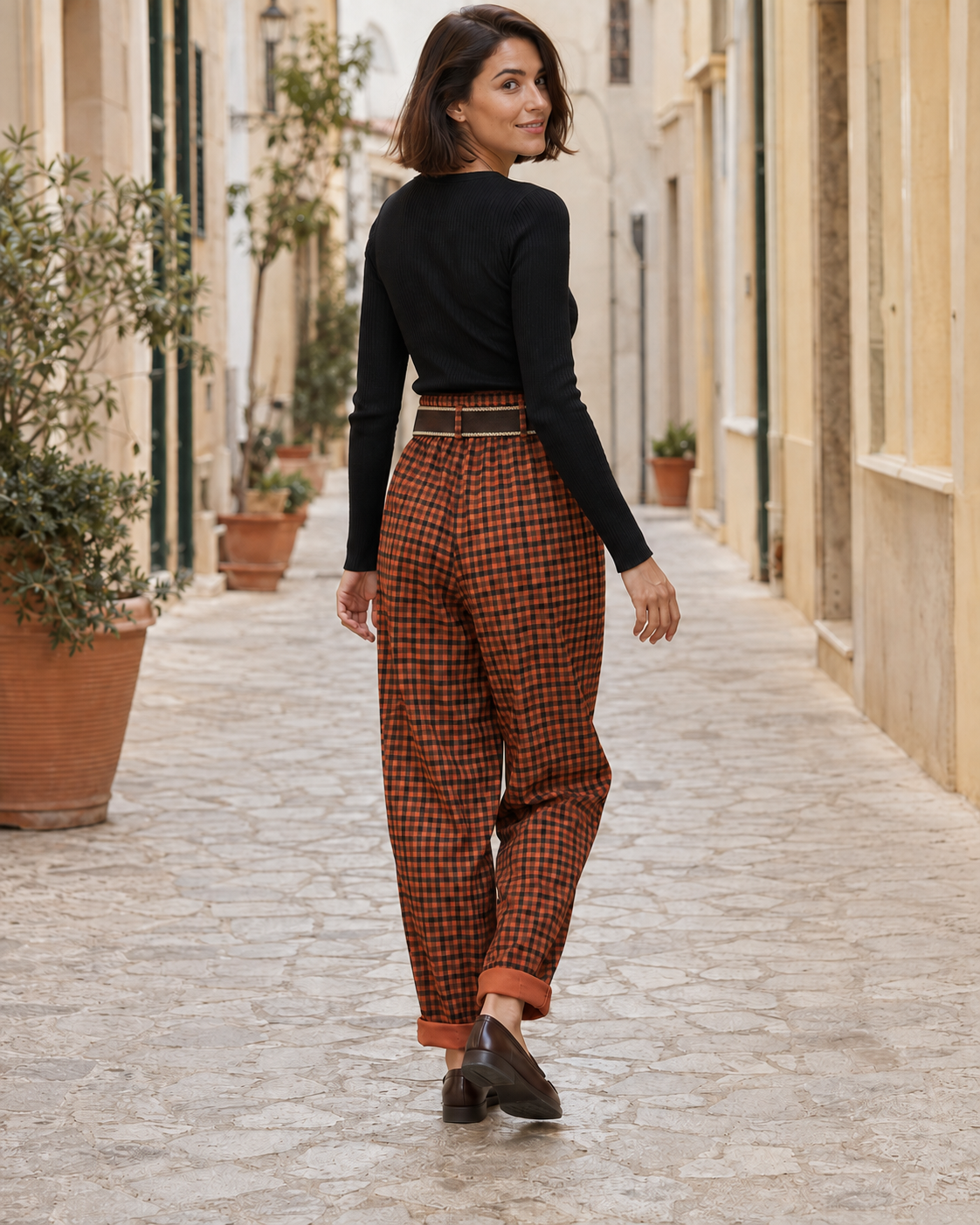PANTALÓN CUADROS- TEJA