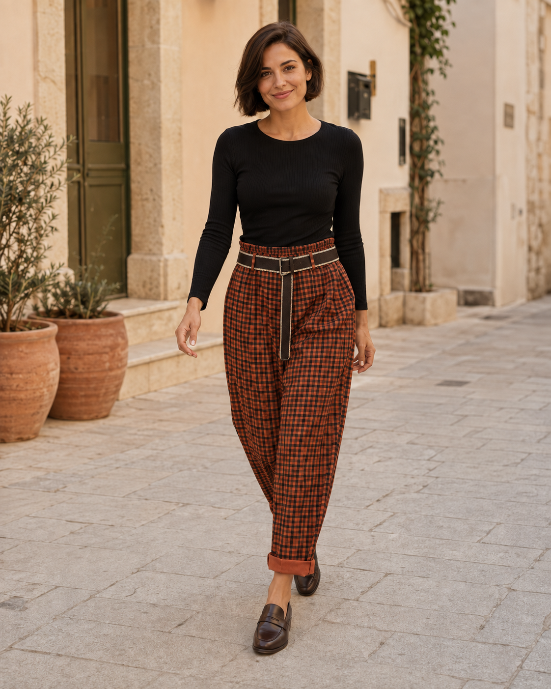 PANTALÓN CUADROS- TEJA