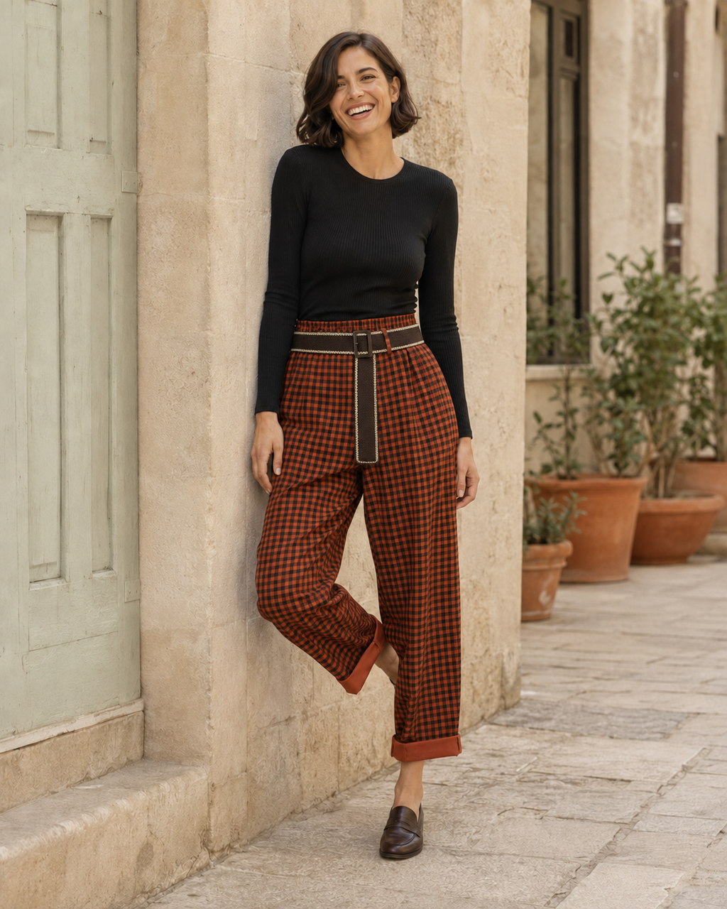 PANTALÓN CUADROS- TEJA