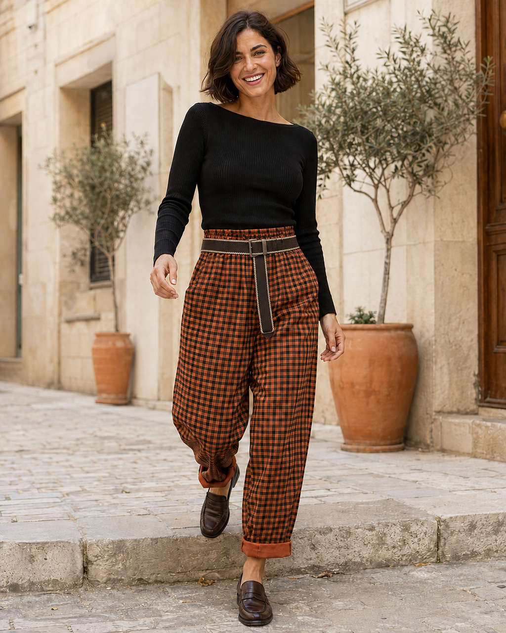 PANTALÓN CUADROS- TEJA