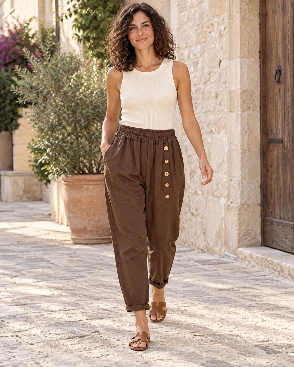 PANTALÓN ALGODÓN BOTONES-MARRÓN