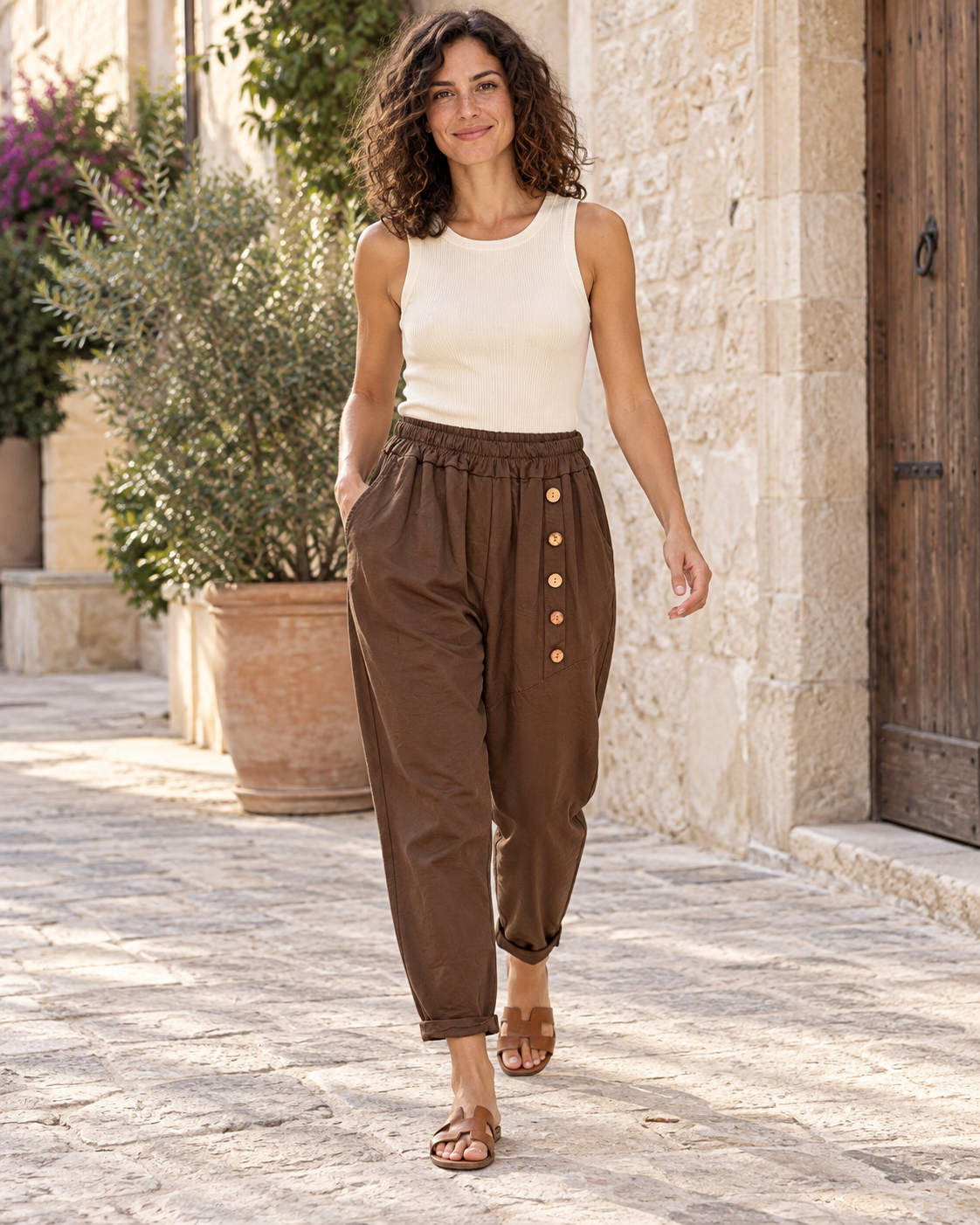 PANTALÓN ALGODÓN BOTONES-MARRÓN
