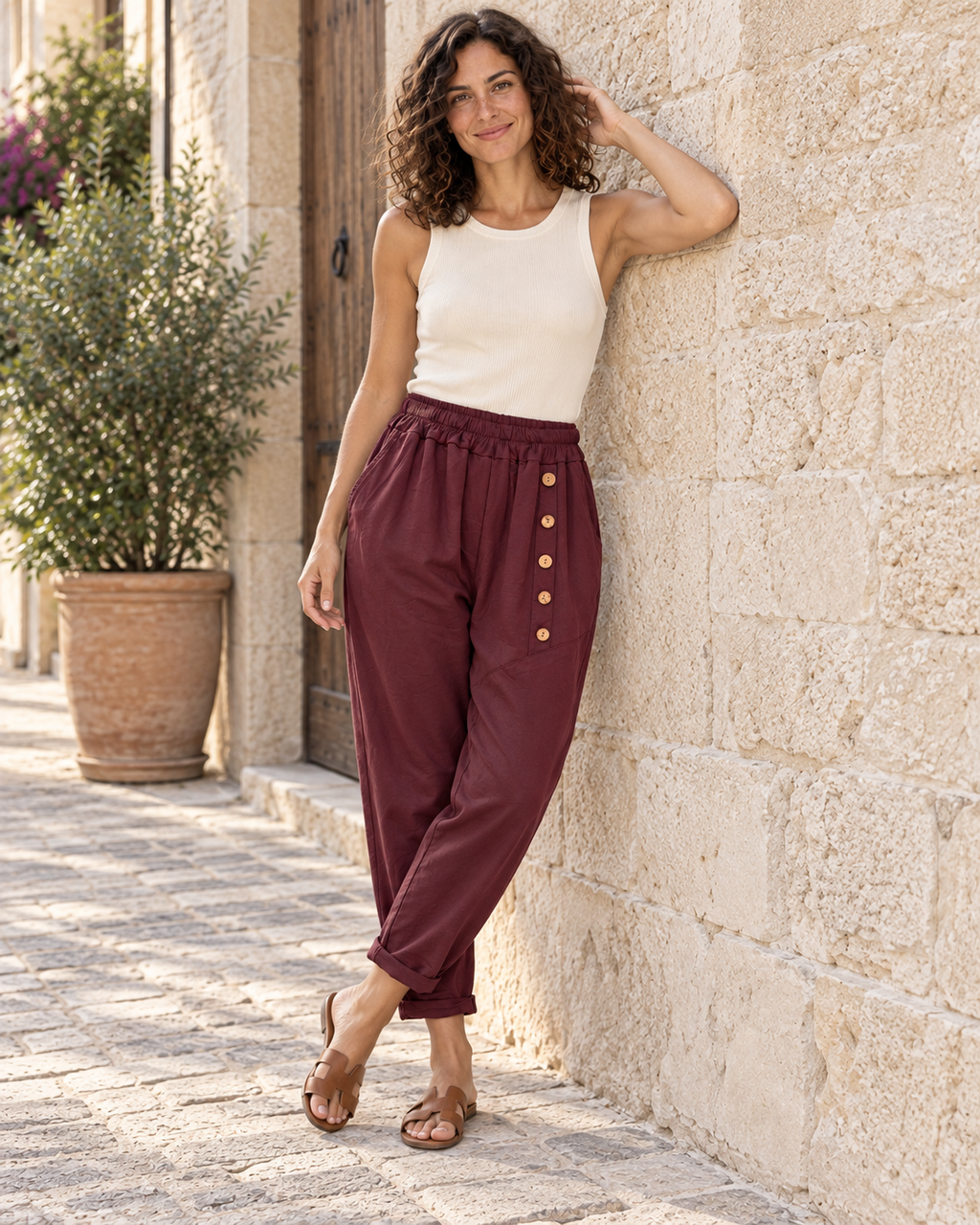 PANTALÓN ALGODÓN BOTONES-VINO