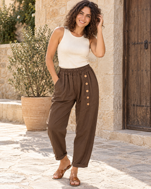 PANTALÓN ALGODÓN BOTONES-MARRÓN