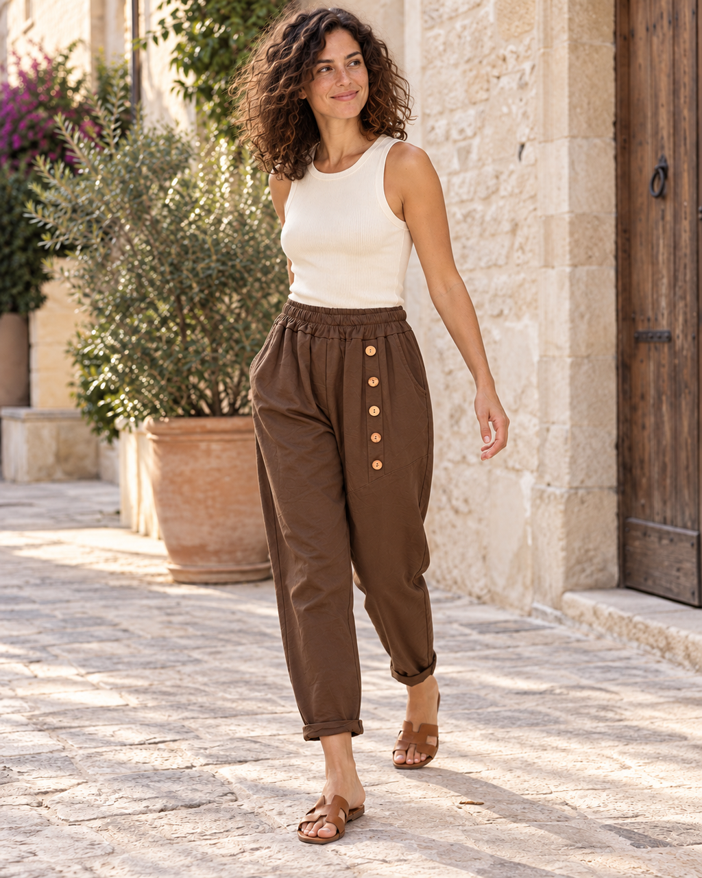 PANTALÓN ALGODÓN BOTONES-MARRÓN