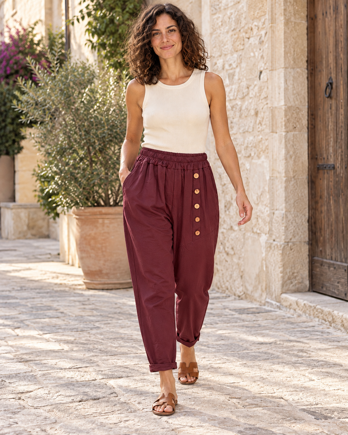 PANTALÓN ALGODÓN BOTONES-VINO