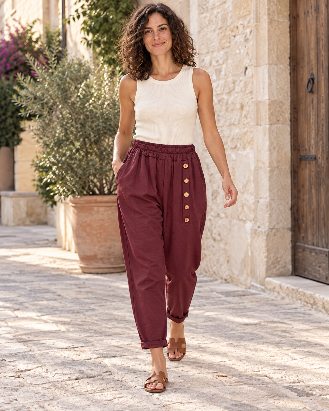 PANTALÓN ALGODÓN BOTONES-VINO