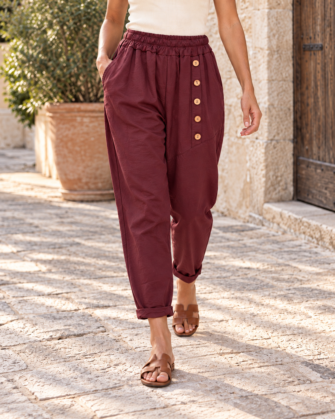 PANTALÓN ALGODÓN BOTONES-VINO