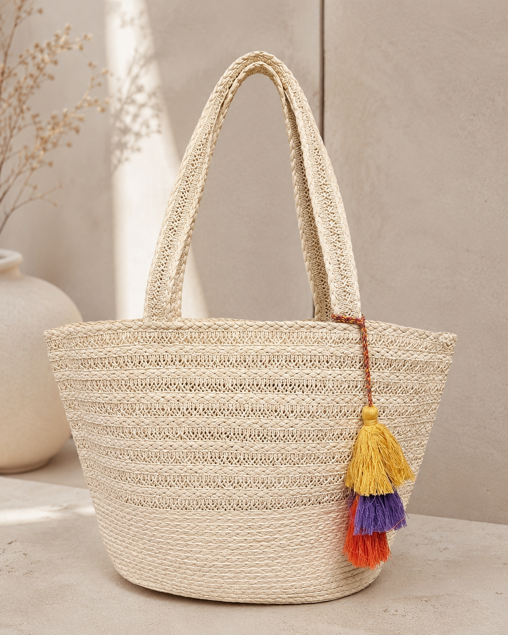 CAPAZO TRENZADO NATURAL CON BORLAS MULTICOLOR