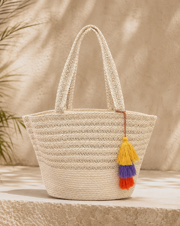 CAPAZO TRENZADO NATURAL CON BORLAS MULTICOLOR